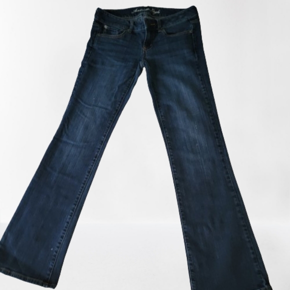 Y2K American Eagle Stretch Bell Bottom Yellow Stitching Jeans - Picture 2 of 6